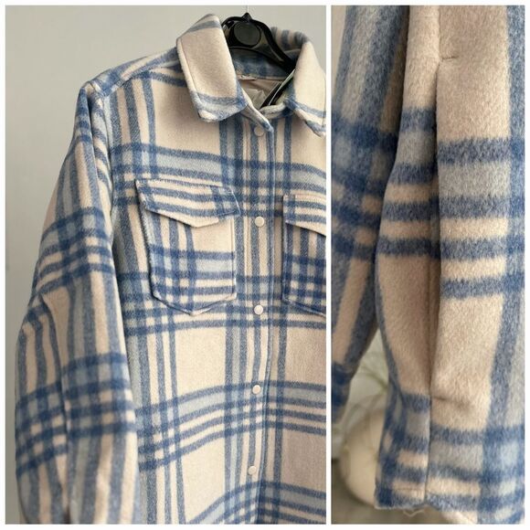 NWT H&M Plaid Shacket Jacket Beige Blue Side And Front Pockets Lined M L XL - Picture 2 of 4